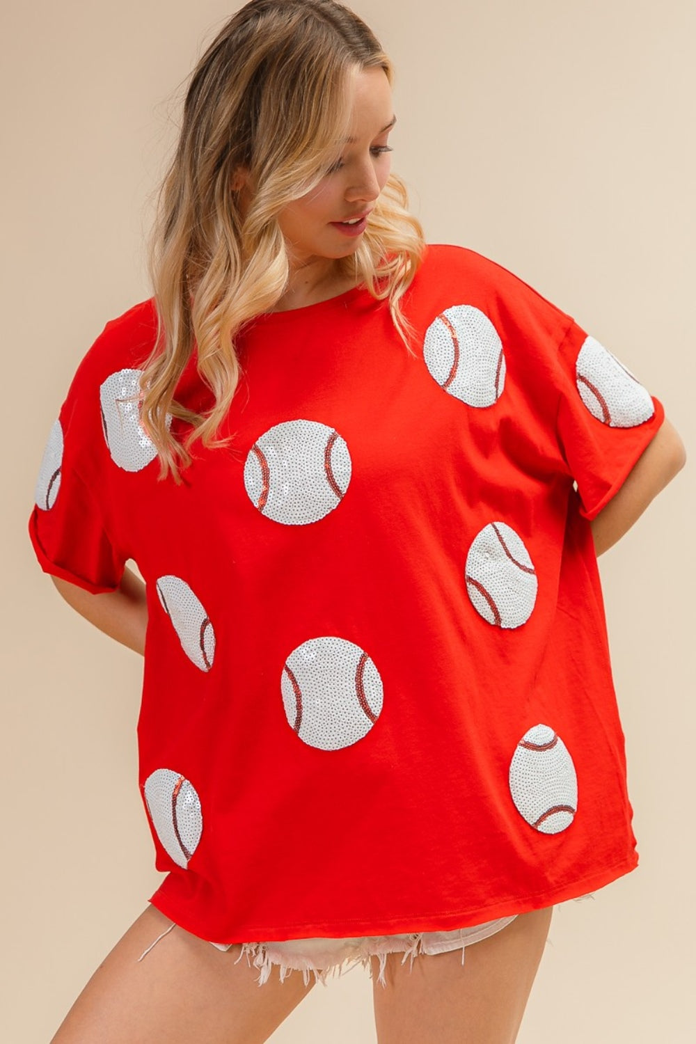 BiBi Sequin Baseball Drop Shoulder Short Sleeve T-Shirt - ChiChis Boutique