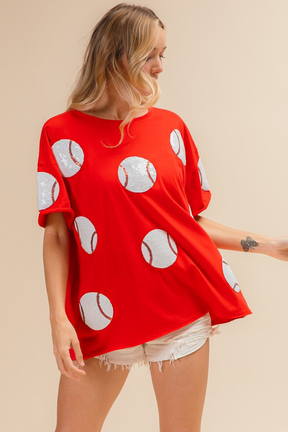 BiBi Sequin Baseball Drop Shoulder Short Sleeve T-Shirt - ChiChis Boutique