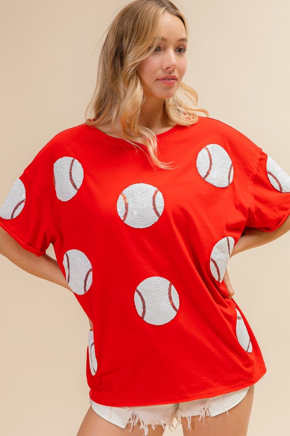 BiBi Sequin Baseball Drop Shoulder Short Sleeve T-Shirt - ChiChis Boutique