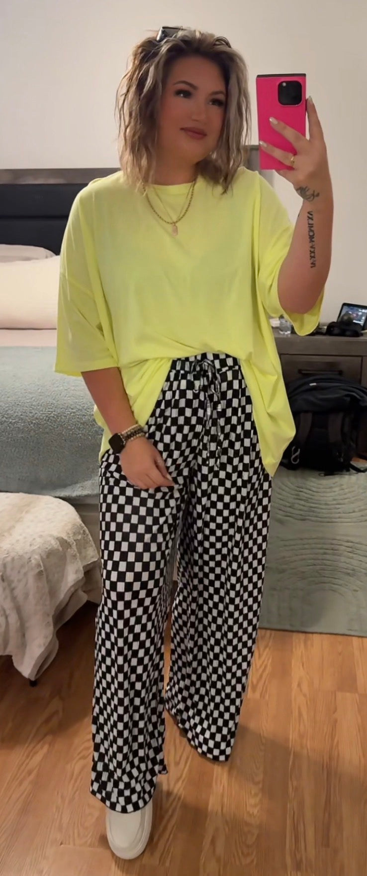 💚🏁 Electrify Your Vibe: Styling the Boxy Neon Tee and Checkered Pants! 🏁💚