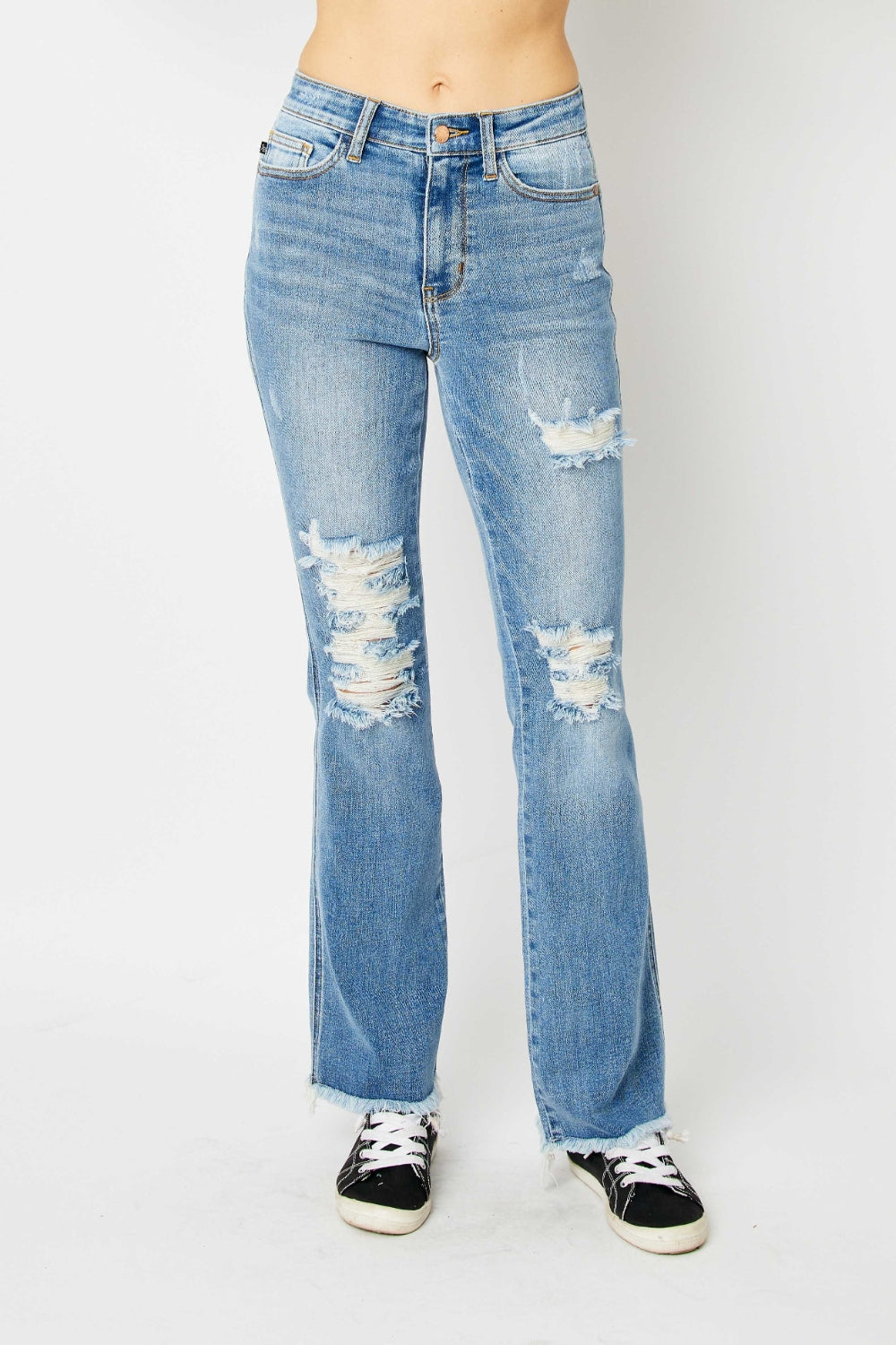 Judy Blue Full Size Distressed Raw Hem Bootcut Jeans - ChiChis Boutique