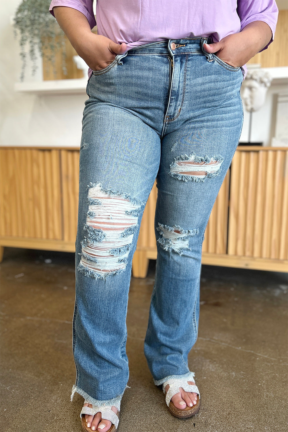 Judy Blue Full Size Distressed Raw Hem Bootcut Jeans - ChiChis Boutique