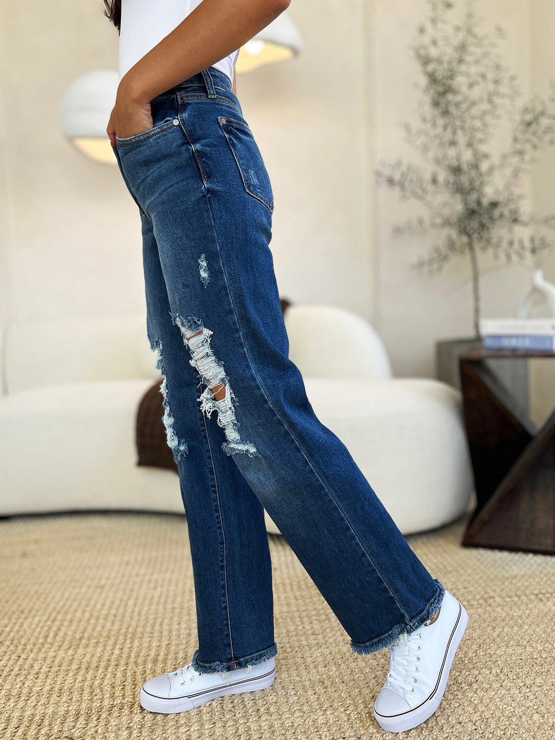 Judy Blue Full Size Mid Rise Distressed Raw Hem Jeans - ChiChis Boutique