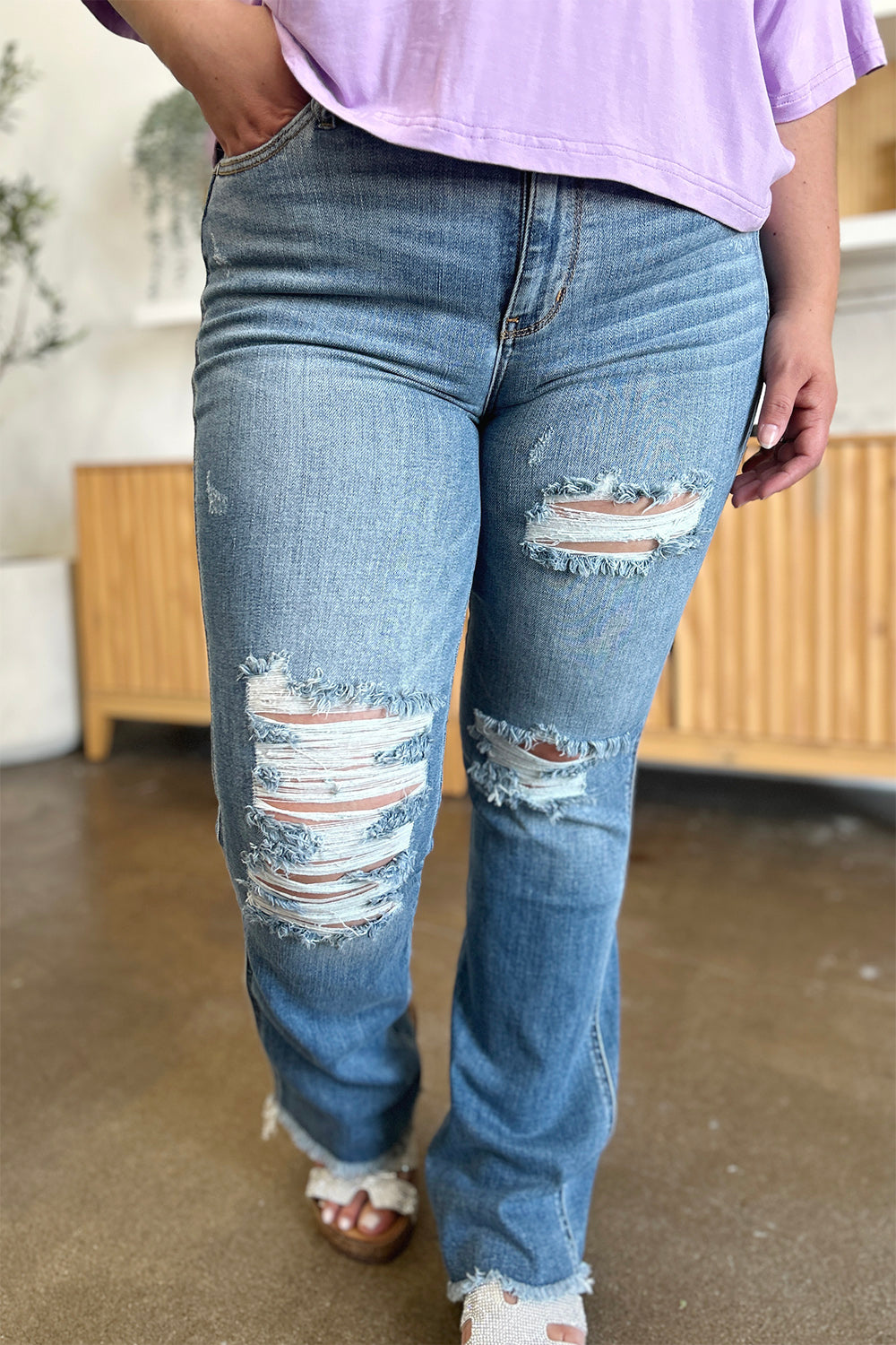 Judy Blue Full Size Distressed Raw Hem Bootcut Jeans - ChiChis Boutique