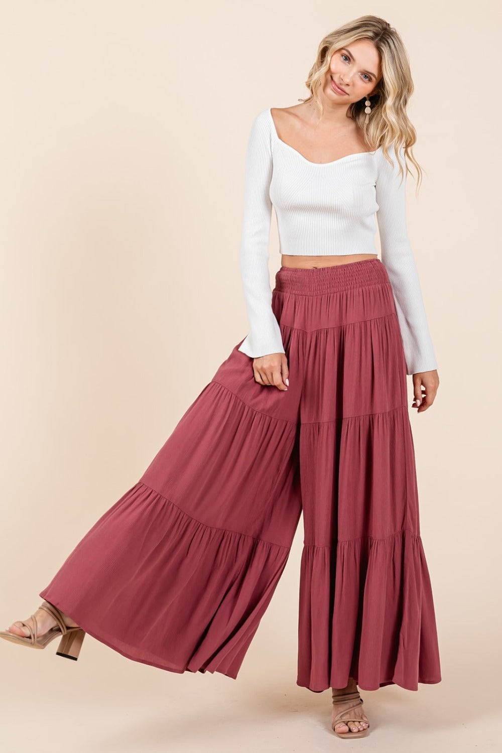 Mittoshop Tier Detail Smocked Elastic Waist Wide Leg Pants - ChiChis Boutique