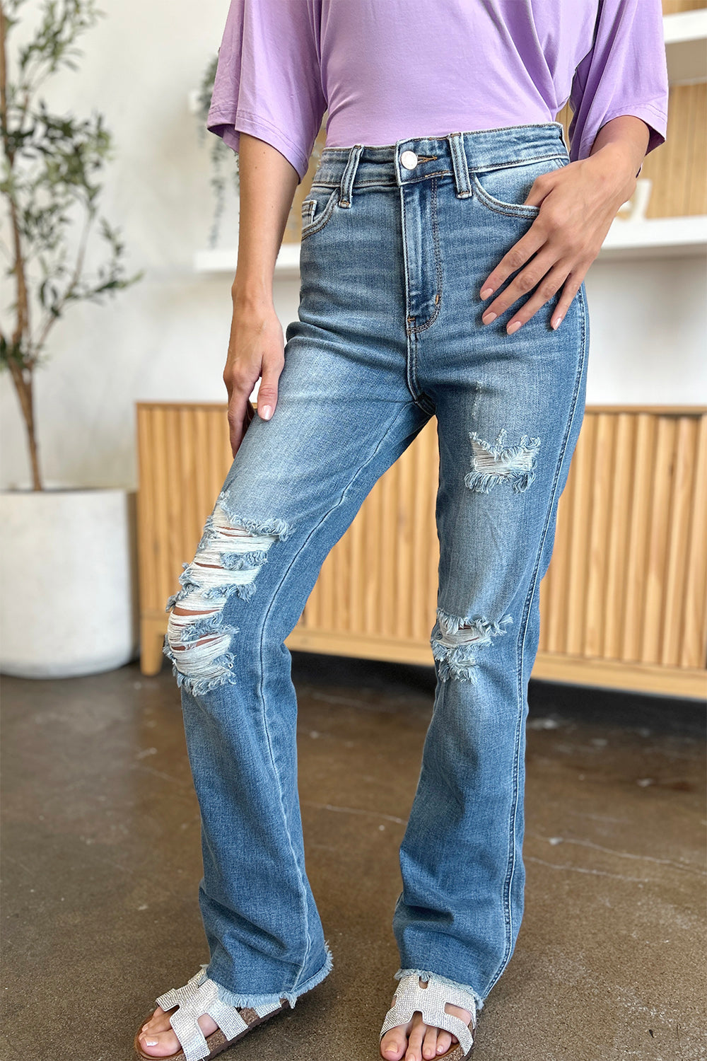 Judy Blue Full Size Distressed Raw Hem Bootcut Jeans - ChiChis Boutique