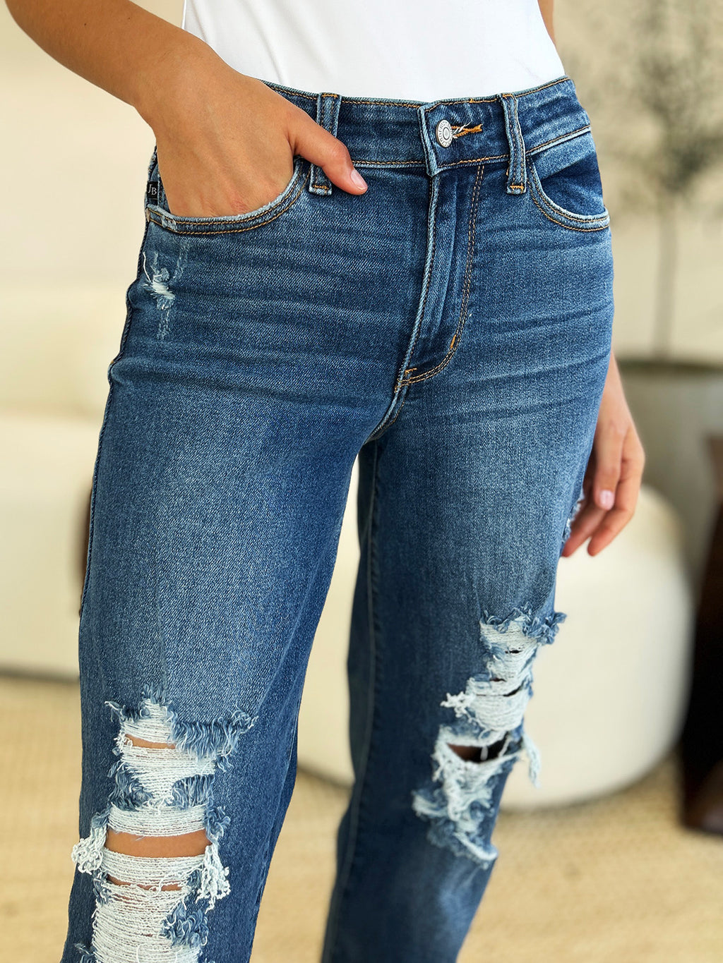 Judy Blue Full Size Mid Rise Distressed Raw Hem Jeans - ChiChis Boutique