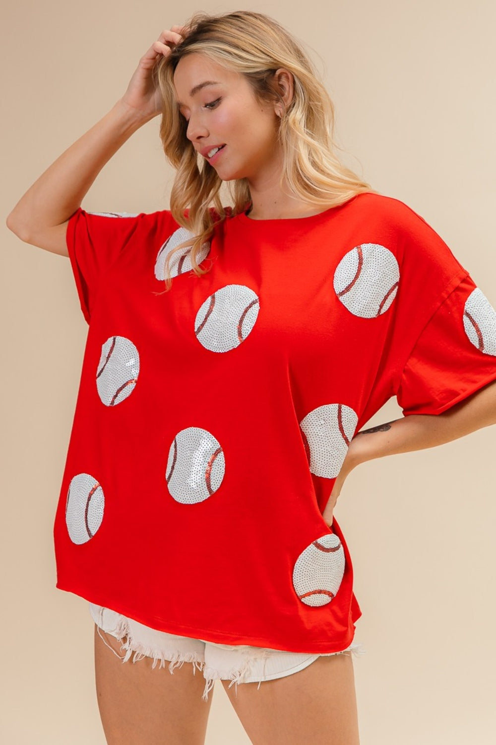 BiBi Sequin Baseball Drop Shoulder Short Sleeve T-Shirt - ChiChis Boutique