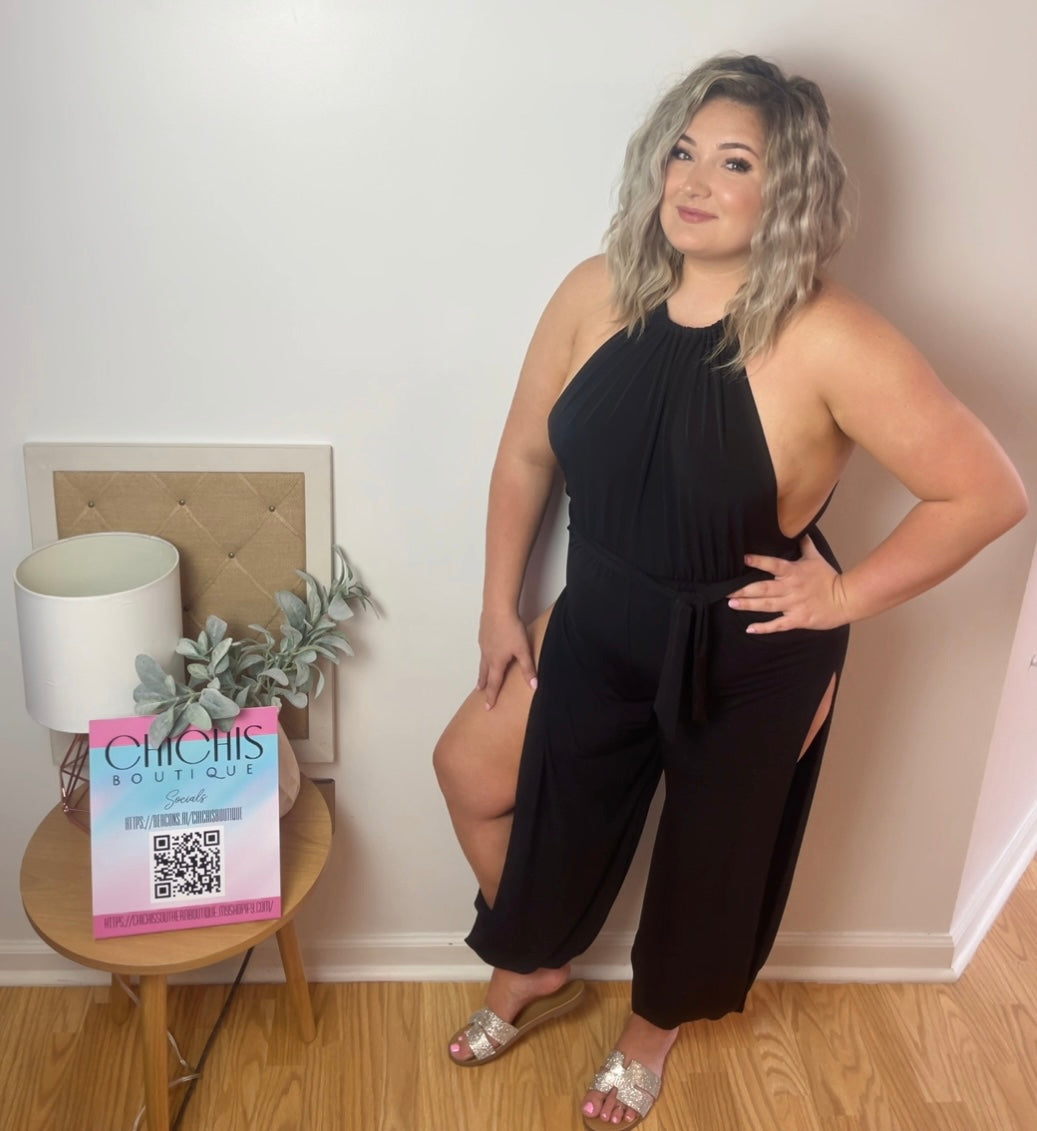 ITY HALTER NECK TIE WAIST SPLIT SIDE JUMPSUIT - ChiChis Boutique