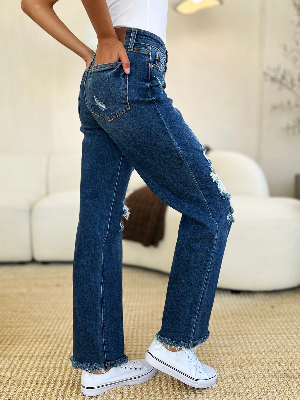 Judy Blue Full Size Mid Rise Distressed Raw Hem Jeans - ChiChis Boutique