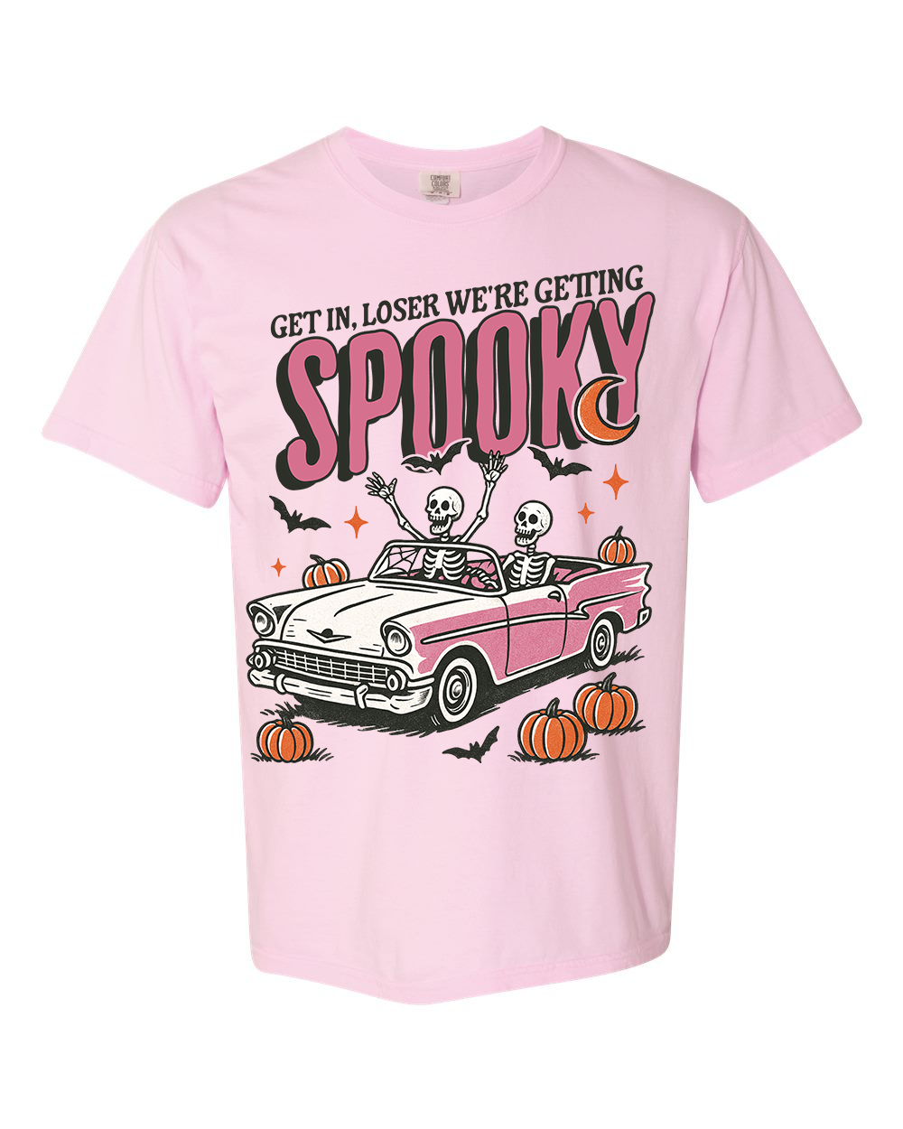 Get in, Loser We're Getting Spooky Comfort Colors T-Shirt | Halloween Skeletons & Vintage Car - ChiChis Boutique