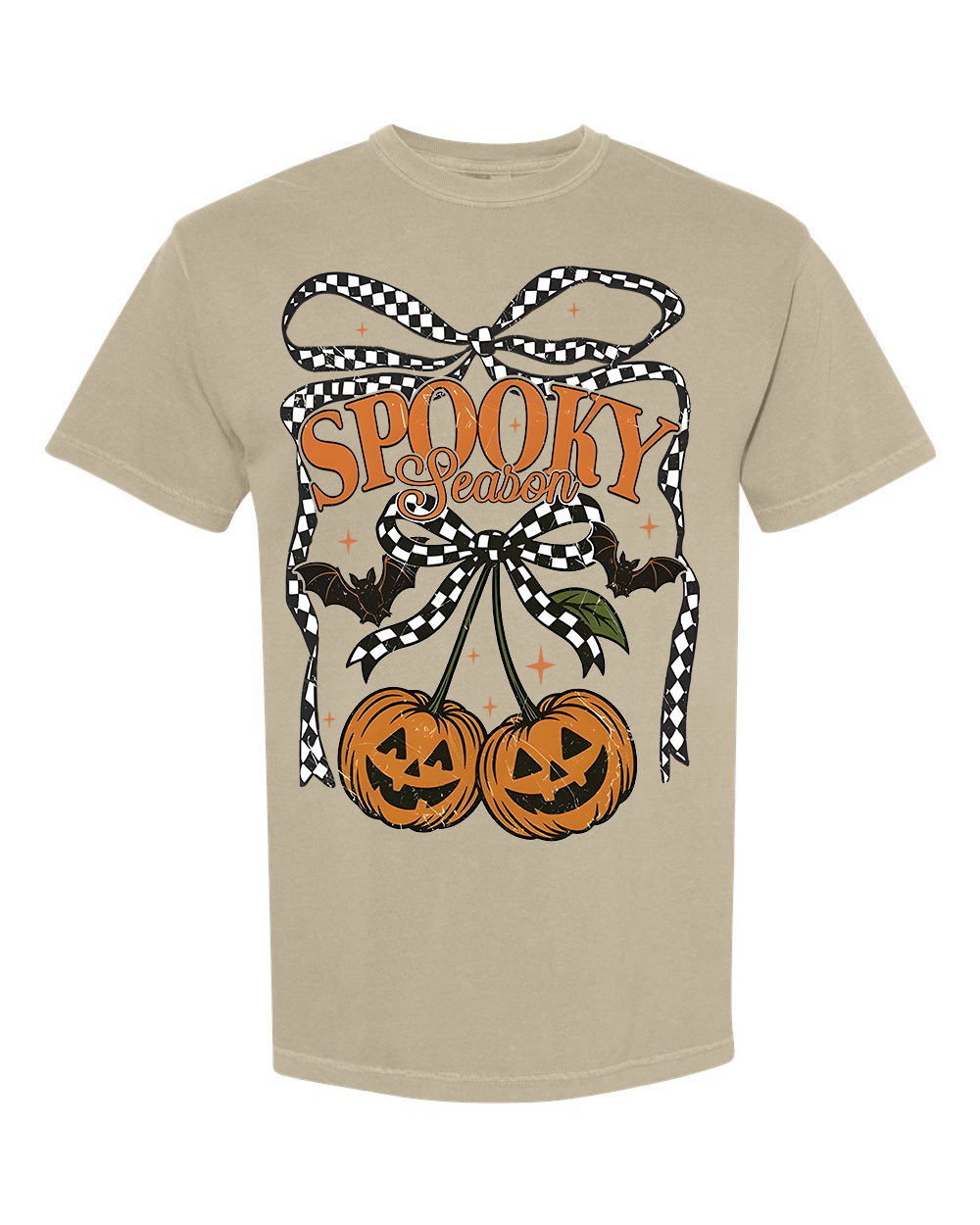 Spooky Season Pumpkin Cherries T-Shirt | Halloween Checkered Bow Tee