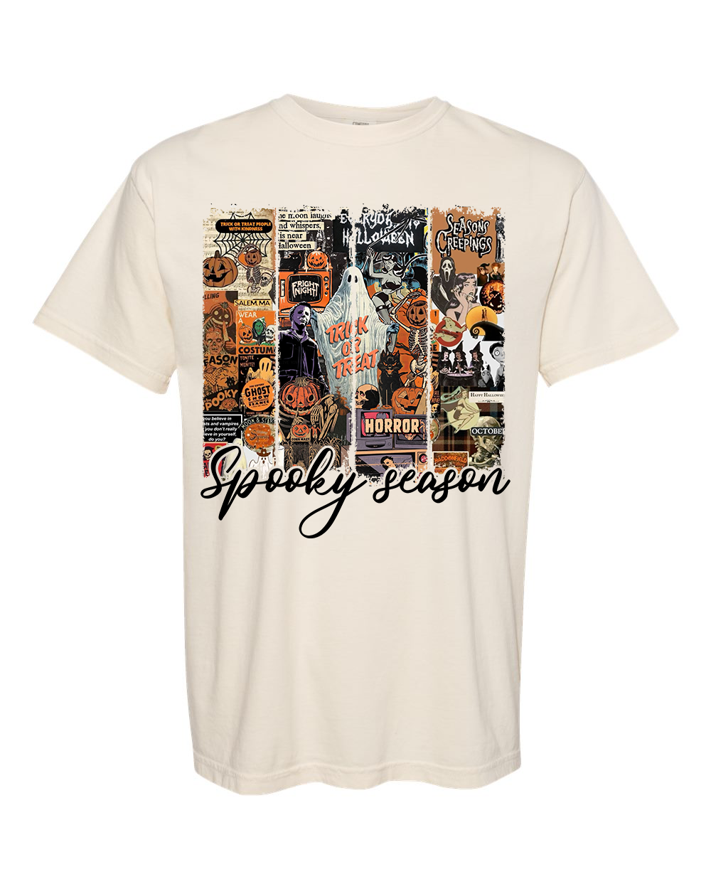 Retro Halloween Movie Poster Collage T-Shirt | Vintage Spooky Season Tee