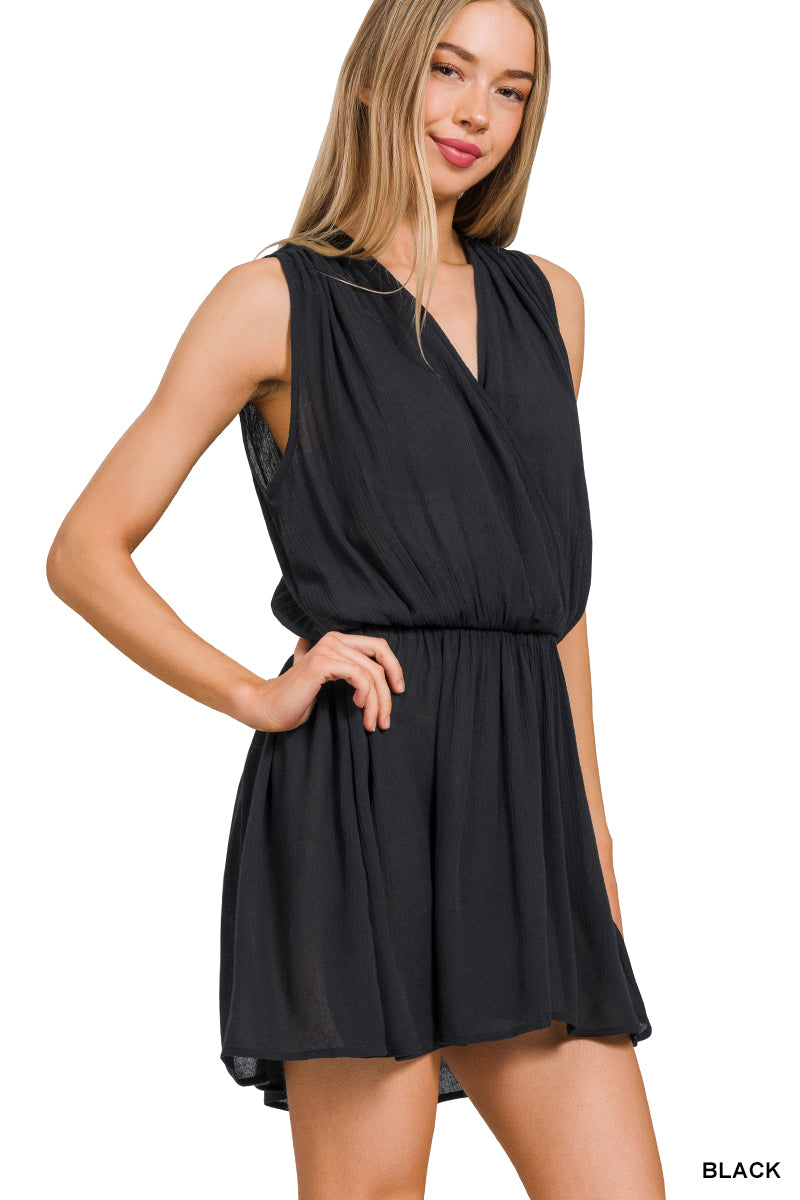 Woven crinkle elastic waist draped romper with tie open back - ChiChis Boutique