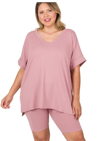 PLUS BRUSHED DTY MICROFIBER V-NECK TOP & BIKER - ChiChis Boutique