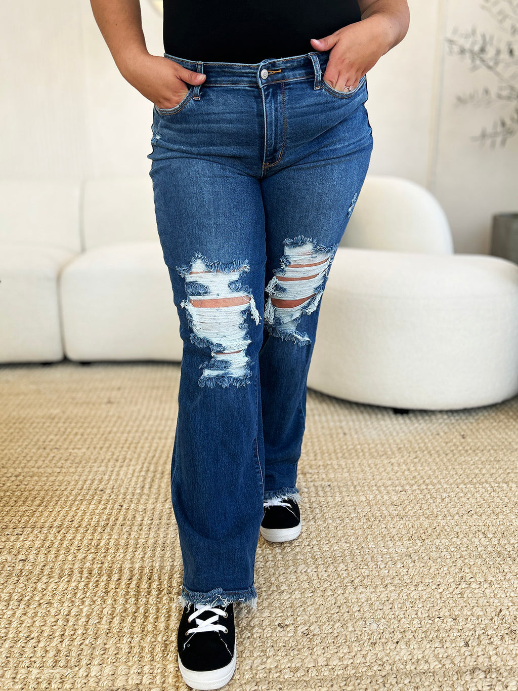 Judy Blue Full Size Mid Rise Distressed Raw Hem Jeans - ChiChis Boutique