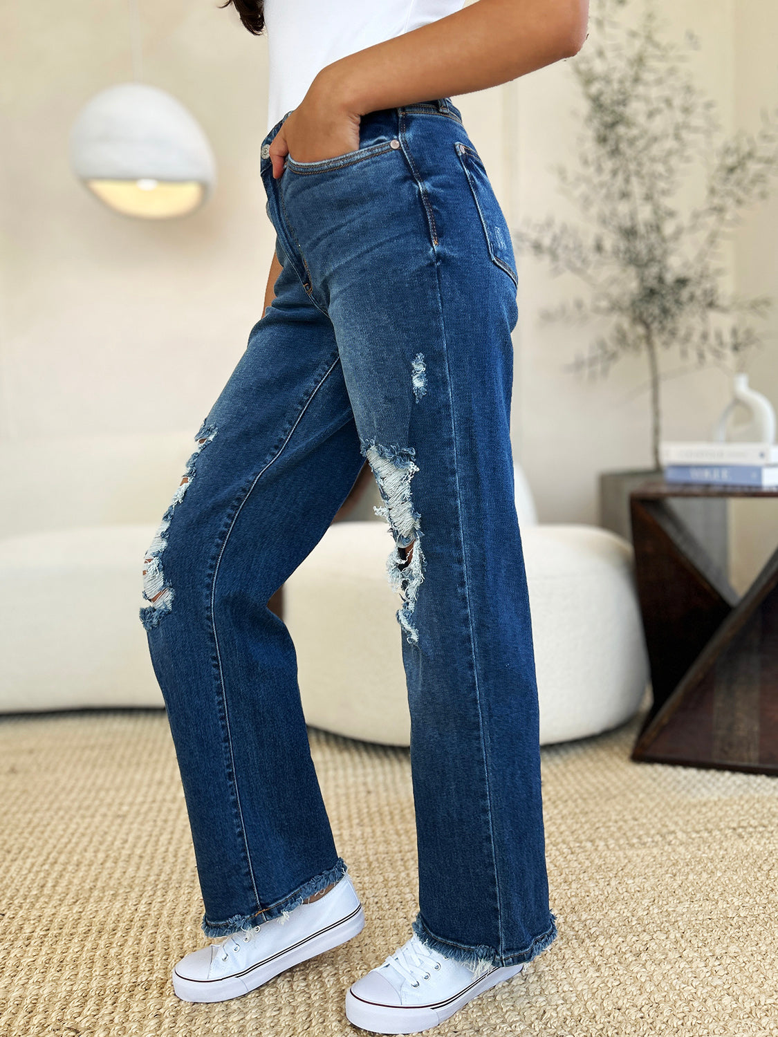 Judy Blue Full Size Mid Rise Distressed Raw Hem Jeans - ChiChis Boutique