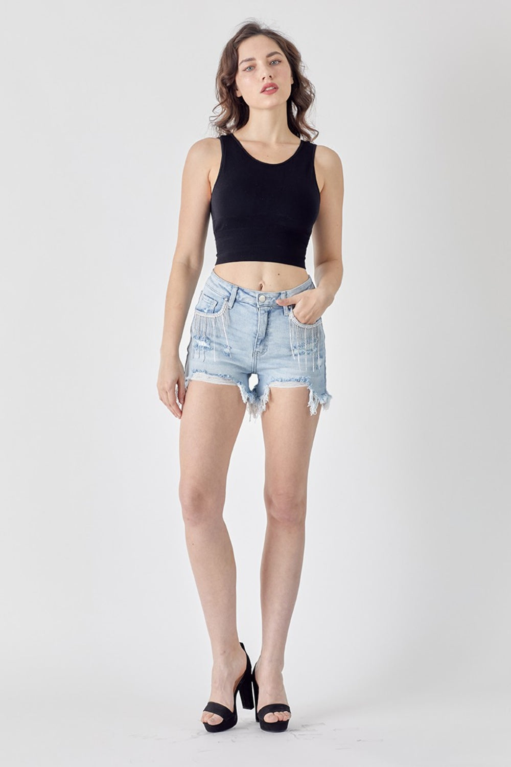 RISEN Frayed Hem Denim Shorts with Fringe Detail Pockets - ChiChis Boutique