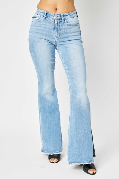 Judy Blue Full Size Mid Rise Raw Hem Slit Flare Jeans - ChiChis Boutique