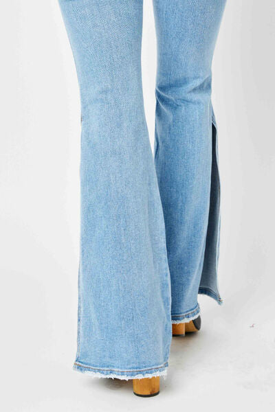 Judy Blue Full Size Mid Rise Raw Hem Slit Flare Jeans - ChiChis Boutique
