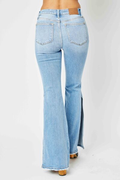 Judy Blue Full Size Mid Rise Raw Hem Slit Flare Jeans - ChiChis Boutique